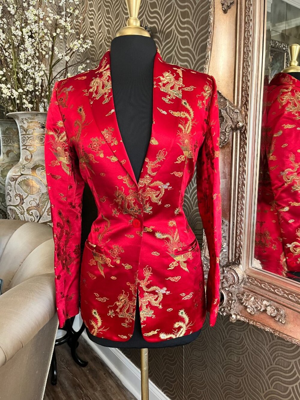 vintage jenni max bold red gold brocade Asian-inspired dragon motifs jacket